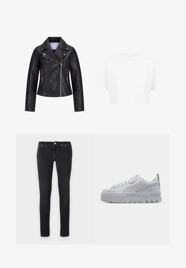 Sort bikerjakke i kunstlæder med asymmetrisk frontlynlås, sølvknapper på bred revers og to sidelommer med lynlås.; Hvid cropped t-shirt, korte ærmer, rund halsudskæring, lavet af blødt stof, uden synlige mønstre eller distinkt hardware.; Sorte slim-fit jeans med femlommerdesign, knaplukning og bæltestropper, ligger fladt på en ensfarvet hvid baggrund.; Hvide platform sneakers med en glat læderoverdel, polstret krave, grå gummisål og gyldne detaljer med Puma-logoet.