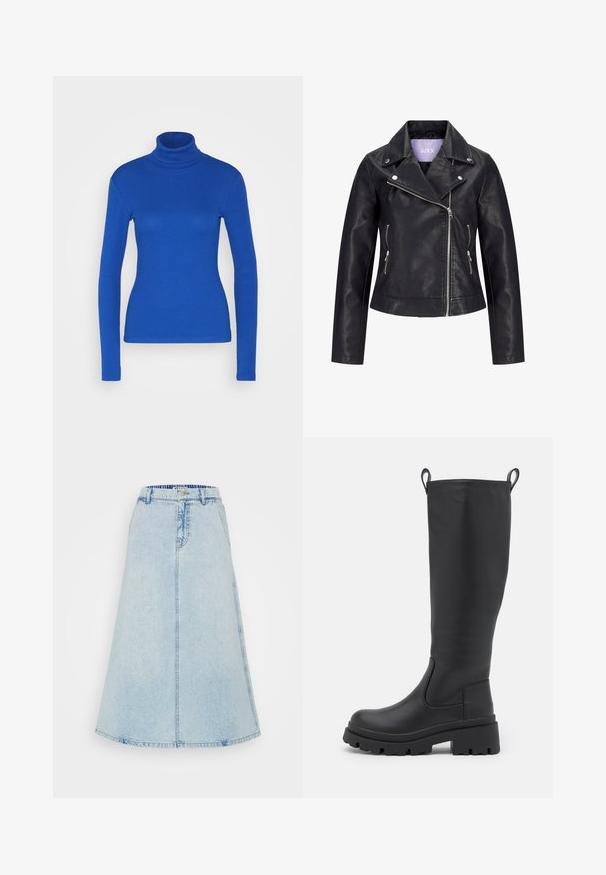 Chaqueta de motorista negra de cuero sintético con cremallera frontal asimétrica, botones de presión plateados en la solapa ancha y dos bolsillos laterales con cremallera.; Top de cuello alto de manga larga azul fabricado en material acanalado, con una silueta ajustada y textura suave. No se presentan detalles adicionales.; Una falda midi de mezclilla azul claro, con una forma acampanada, cinturilla con toillete y costuras visibles a lo largo de las costuras.; Bota negra hasta la rodilla hecha de cuero suave con una suela gruesa y un leve tacón. Cuenta con tiradores y paneles elásticos en los laterales para facilitar su uso.
