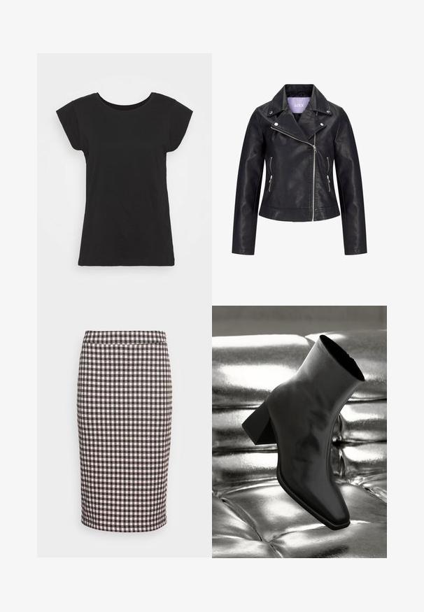 Veste de motard en simili cuir noir avec fermeture éclair asymétrique sur le devant, boutons-pression argentés sur un large revers, et deux poches latérales zippées.; T-shirt en coton noir avec des manches courtes et des épaules dégagées, col rond et coupe décontractée. Texture lisse sans motifs ni accents visibles.; Jupe crayon taille haute avec motif à carreaux noir et rose clair, longueur au genou avec un ourlet droit sur fond blanc.; Botte noire à la cheville en matériau brillant avec un bout carré et un talon effilé, sur un fond argenté brillant et capitonné.