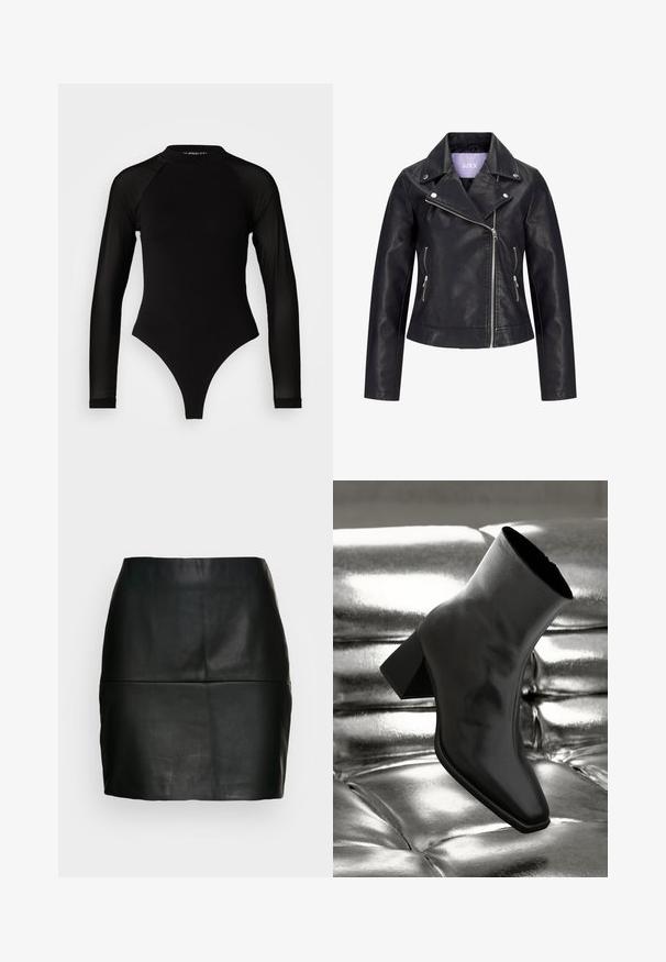 Veste de motard en simili cuir noir avec fermeture éclair asymétrique sur le devant, boutons-pression argentés sur un large revers, et deux poches latérales zippées.; Bodysuit noir à manches longues avec col haut, doté d'un tissu solide sur le torse et de manches en maille transparente, conçu dans une coupe ajustée.; Jupe mini en cuir noir avec une texture lisse, une silhouette ajustée et un détail de couture au niveau de la taille. Pas de fermetures visibles.; Botte noire à la cheville en matériau brillant avec un bout carré et un talon effilé, sur un fond argenté brillant et capitonné.