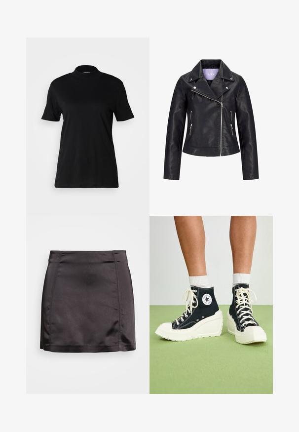 Chaqueta de motorista negra de cuero sintético con cremallera frontal asimétrica, botones de presión plateados en la solapa ancha y dos bolsillos laterales con cremallera.; Camiseta negra de manga corta con un cuello alto, hecha de tela de algodón suave. Diseño simple sin patrones ni gráficos visibles.; Gina Tricot RIO SKIRT - Minifalda - black; Zapatillas negras de caña alta con una suela de plataforma blanca elevada, con cordones blancos y un parche de logo redondo en el costado. Material de lona texturizada.