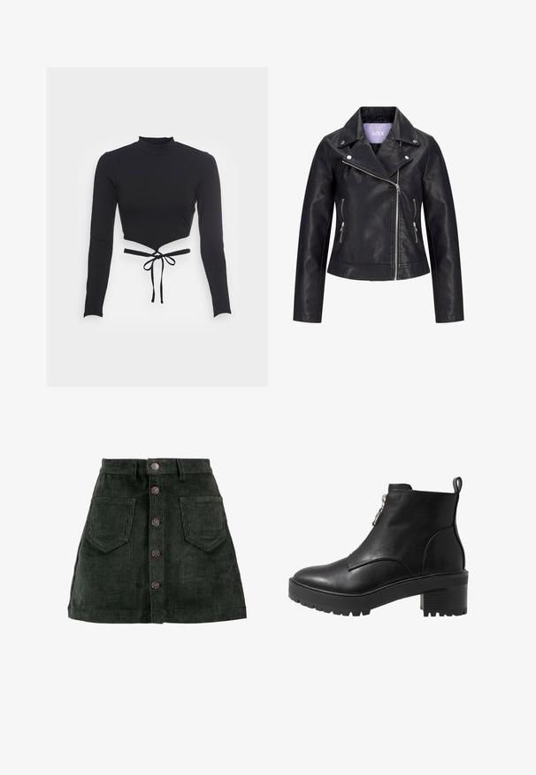 Veste de motard en simili cuir noir avec fermeture éclair asymétrique sur le devant, boutons-pression argentés sur un large revers, et deux poches latérales zippées.; Even&Odd by Zalando T-shirt à manches longues - black; ONLY ONLAMAZING GLOBAL - Minijupe - green gables; Bottine en cuir noir avec fermeture zippée sur le côté, talon large noir et semelle texturée pour une meilleure adhérence. Fini lisse avec des accents minimalistes.