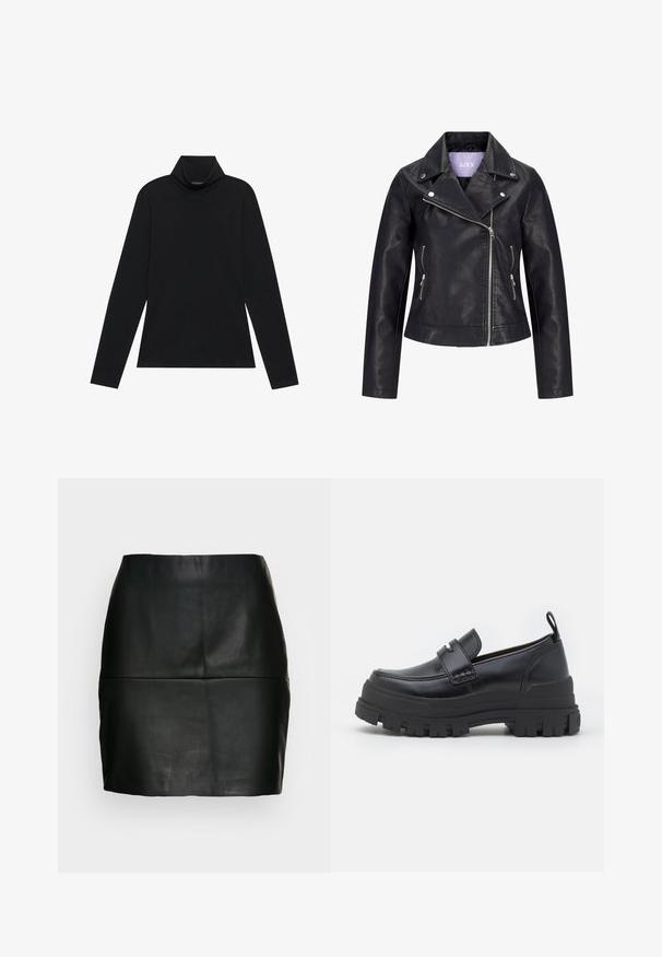 Chaqueta de motorista negra de cuero sintético con cremallera frontal asimétrica, botones de presión plateados en la solapa ancha y dos bolsillos laterales con cremallera.; Sudadera negra de manga larga con cuello alto. Tejido suave, diseño ajustado, cuello alto y costuras laterales. Estilo sencillo y versátil, adecuado para combinar en capas.; Mini falda de cuero negra con una textura suave, silueta ajustada y un detalle de costura en la cintura. Sin cierres visibles.; Mocasín de cuero negro con suela gruesa y acanalada, costuras en la puntera estilo mocasín, detalle de correa en la parte superior y tira para tirar en el talón, mostrado de perfil lateral.