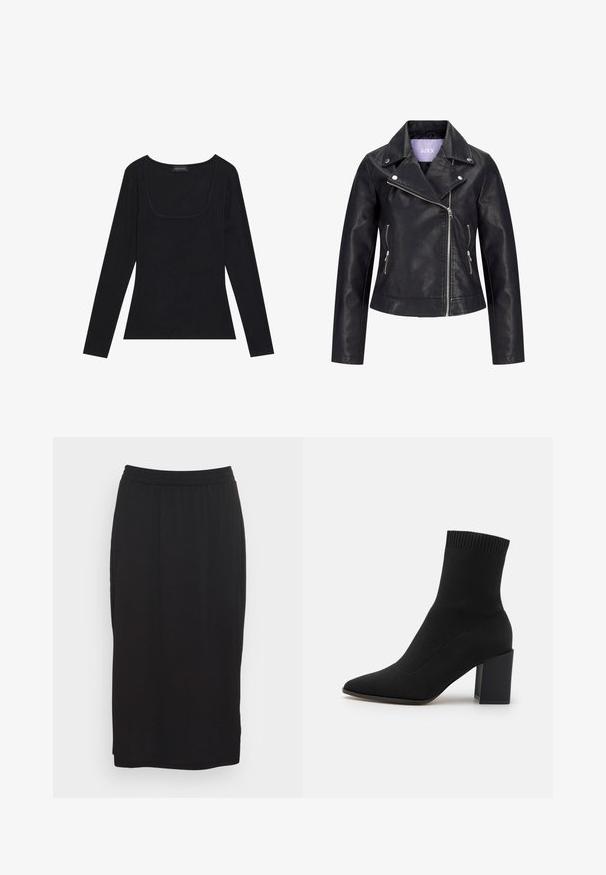 Chaqueta de motorista negra de cuero sintético con cremallera frontal asimétrica, botones de presión plateados en la solapa ancha y dos bolsillos laterales con cremallera.; Top negro de manga larga con textura acanalada, que presenta un escote cuadrado y una forma ajustada. Incluye una etiqueta que dice "ANNA FIELD."; Falda negra hasta la rodilla, hecha de un tejido suave y elástico. Cuenta con una cinturilla elástica y una silueta simple y recta sin bolsillos.; Botín negro de tobillo hecho de tejido elástico, con punta afilada y tacón cuadrado, con ribetes en la parte superior.