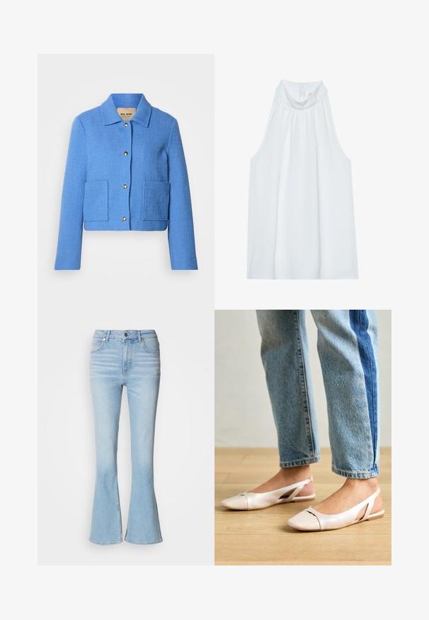 Blå tekstureret cropped jakke med klassisk krave, knaplukning foran og to påsyede lommer. Materialerne virker vævede med et diskret mønster.; Hvid ærmeløs top med høj hals, der har blødt stof, sammensyning ved halsudskæringen og en skjult lynlås i ryggen.; Lyseblå vide jeans lavet af denim med høj talje, prydet med subtil falming og en standard lynlås-lukning.; Lyserøde slingback flade sko med spidse tær, lavet af et glat læderlignende materiale. Har udskæringsdetaljer på siderne og en flad hæl.
