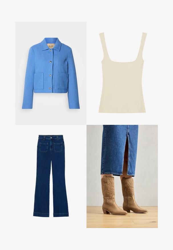 Chaqueta corta azul texturizada con cuello clásico, cierre frontal con botones y dos bolsillos de parche. Los materiales parecen tejidos con un patrón sutil.; Top de tirantes acanalado en beige claro, con un escote cuadrado y finas tiras para los hombros, fabricado en un tejido suave y elástico.; Vaqueros de campana de mezclilla en azul oscuro con una textura suave, diseño de cinco bolsillos y cierre de botón en la cintura.; Botas western de color marrón con costuras decorativas, punta afilada y tacón apilado. Llevadas con una falda de mezclilla hasta la rodilla, que revela las botas.