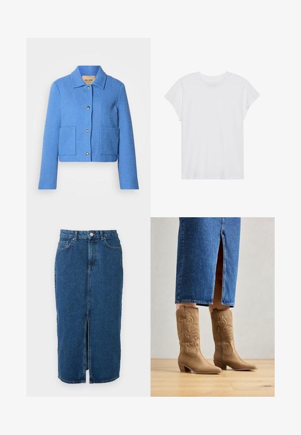 Blauwe gestructureerde cropped jas met een klassieke kraag, knoopsluiting aan de voorkant en twee opgestikte zakken. Materialen lijken geweven met een subtiel patroon.; Witte t-shirt met korte mouwen, ronde hals, relaxte pasvorm, gemaakt van zacht katoen. Glad textuur, geen patronen of logo's.; Blauwe denimrok van middellange lengte met een centrale split aan de voorkant, riemlussen, voorzakken en knoopsluiting in de taille.; Tan leren westernlaarzen met decoratieve stiksels, een spitse neus en een gestapelde hak. Draag met een spijkerrok tot de knie, waardoor de laarzen zichtbaar zijn.