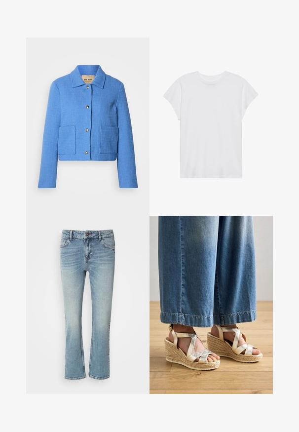 Blauwe gestructureerde cropped jas met een klassieke kraag, knoopsluiting aan de voorkant en twee opgestikte zakken. Materialen lijken geweven met een subtiel patroon.; Witte t-shirt met korte mouwen, ronde hals, relaxte pasvorm, gemaakt van zacht katoen. Glad textuur, geen patronen of logo's.; Lichtblauwe denim jeans met een rechte pijpdesign, voorzien van een knoopsluiting, vijf zakken en vervaagde gebieden voor een versleten effect.; Gouden gekruiste wedge sandalen met een geweven jute basis. Kenmerkt brede kruisbanden en een ronde neusdesign. Draag ze met lichtblauwe wijde spijkerbroeken.