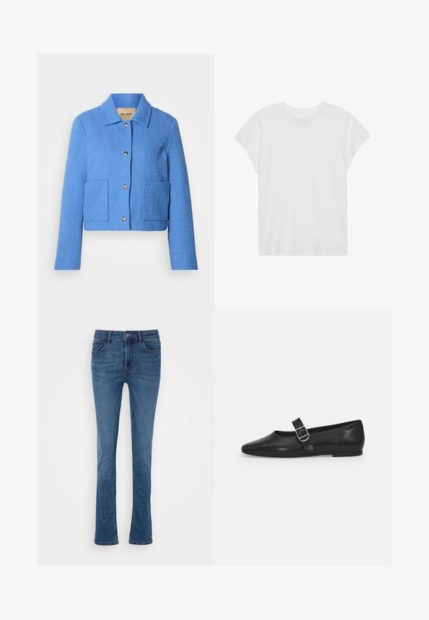 Veste courte texturée bleue avec un col classique, une fermeture à boutons sur le devant et deux poches plaquées. Les matériaux semblent tissés avec un motif subtil.; T-shirt blanc à manches courtes, col rond, coupe décontractée, en tissu de coton doux. Texture lisse, sans motifs ni logos.; Jeans évasés en denim bleu avec cinq poches, passants de ceinture et fermeture à bouton à l'avant. Présente une texture lisse et un léger délavage.; Chaussure plate en cuir noir avec un bout arrondi, une seule sangle réglable à boucle et une texture lisse et brillante. Design minimaliste avec un petit talon.