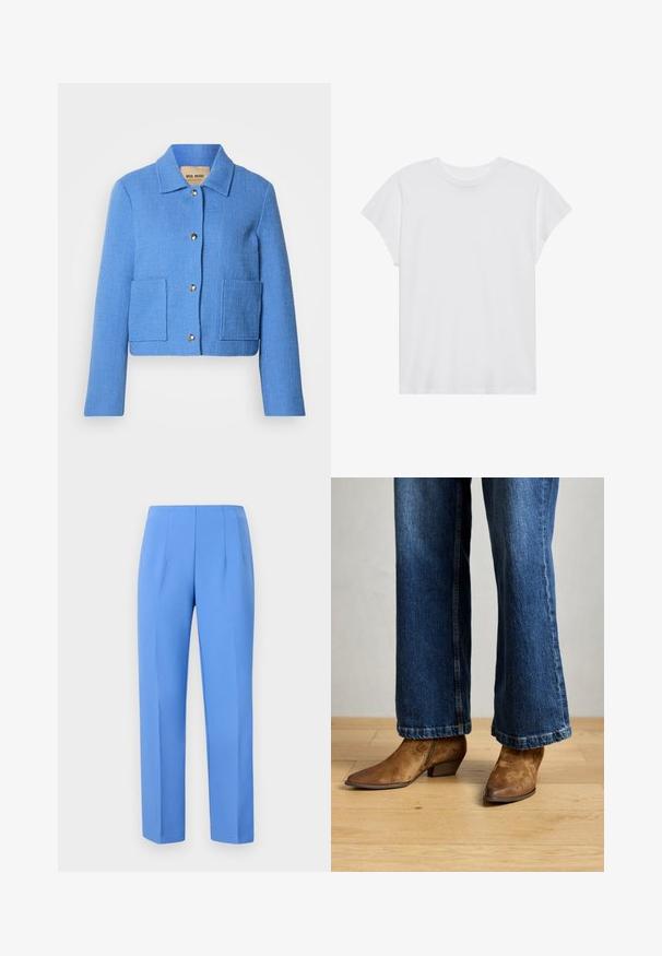Blauwe gestructureerde cropped jas met een klassieke kraag, knoopsluiting aan de voorkant en twee opgestikte zakken. Materialen lijken geweven met een subtiel patroon.; Witte t-shirt met korte mouwen, ronde hals, relaxte pasvorm, gemaakt van zacht katoen. Glad textuur, geen patronen of logo's.; Blauwe op maat gemaakte broek van gladde stof met zijplooien, met een rechte snit en een nette tailleband. Geen zichtbare hardware of patronen.; Bruine suède enklaarzen met een spitse neuzen en een kleine hak, gecombineerd met donkerblauwe flared jeans, op een houten vloer.