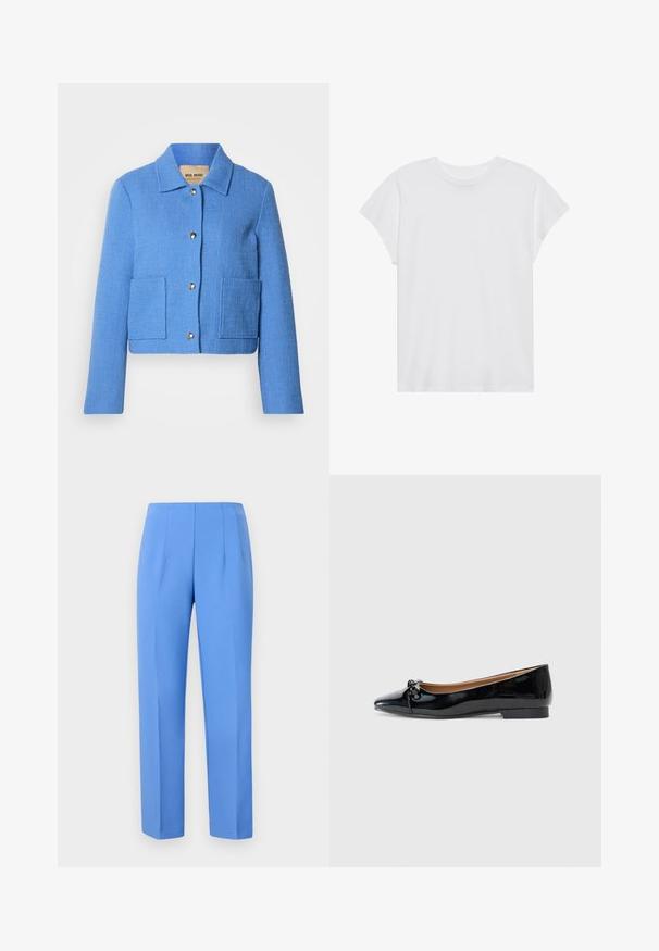 Chaqueta corta azul texturizada con cuello clásico, cierre frontal con botones y dos bolsillos de parche. Los materiales parecen tejidos con un patrón sutil.; Camiseta blanca de manga corta con cuello redondo, corte relajado, hecha de suave tela de algodón. Textura lisa, sin estampados ni logotipos.; Pantalones azules a medida, hechos de tela suave con pliegues laterales, que presentan un corte recto y una cinturilla limpia. Sin hardware visible ni patrones.; Bailarinas de charol negras con punta afilada, detalle de un pequeño lazo en la parte delantera y un tacón cuadrado bajo. Textura suave y brillante.
