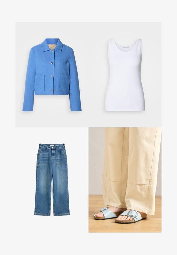 Blauwe gestructureerde cropped jas met een klassieke kraag, knoopsluiting aan de voorkant en twee opgestikte zakken. Materialen lijken geweven met een subtiel patroon.; Witte top met een gladde, rekbare stof. Beschikt over een ronde halslijn en brede schouderbanden. De zoom zit net onder de taille. Geen patronen of accenten.; Hoge taille wijde spijkerbroek in blauw denim, met voorzakken, riemlussen en een sluiting met knoop en rits aan de voorkant.; Lichtblauwe schuursandalen met een brede band en een zilveren gesp, met een getextureerde kurken voetbed en een zwarte rubberen zool.