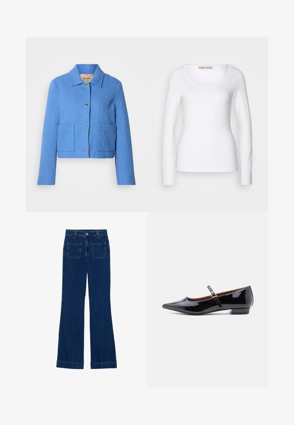 Blaue, strukturierte, kurz geschnittene Jacke mit klassischem Kragen, vorderer Knopfleiste und zwei aufgesetzten Taschen. Die Materialien wirken gewebt mit einem dezenten Muster.; Langärmliges, weißes Baumwoll-T-Shirt mit einem U-Ausschnitt und einer figurbetonten Passform, glatter Textur und ohne Verzierung.; Dunkelblaue Denim-Jeans im Schlagstil mit glatter Textur, Fünf-Taschen-Design und einem Knopfverschluss an der Taille.; Schwarze Lackleder-Mary-Jane-Ballerinas mit spitz zulaufender Zehenpartie und kleinem Absatz, ausgestattet mit einem verstellbaren Riemen mit goldfarbener Schnalle.