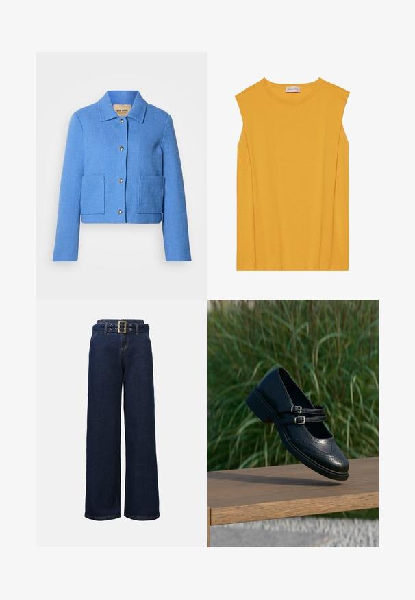 Blauwe gestructureerde cropped jas met een klassieke kraag, knoopsluiting aan de voorkant en twee opgestikte zakken. Materialen lijken geweven met een subtiel patroon.; Geel mouwloos topje van zachte katoen, met een ronde halslijn en rechte snit, en subtiele stiksels langs de randen.; Donkerblauwe wijde denim broek met gestikte zakken en een bijpassende riem met een grote rechthoekige gouden gesp.; Zwarte leren Mary Jane-schoen met dubbele gespsluitingen en brogue-details, zwevend boven een houten bankje met groene grasachtergrond.