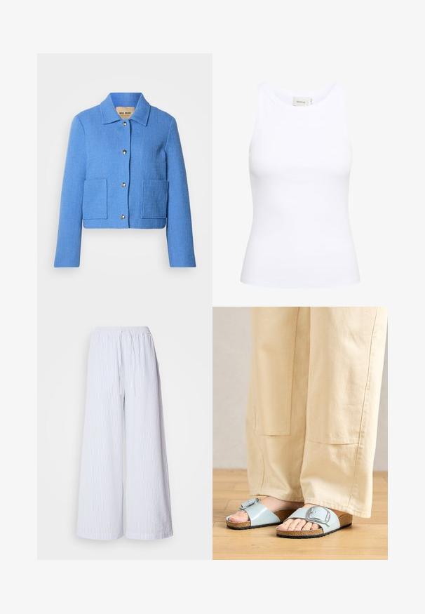 Blå tekstureret cropped jakke med klassisk krave, knaplukning foran og to påsyede lommer. Materialerne virker vævede med et diskret mønster.; Hvid ribbet tanktop med rund halsudskæring og uden ærmer. Strækbart stof og tætsiddende design. Etiketten bagpå viser "GESTUZ."; Hvide bukser med vide ben og lyseblå striber, udstyret med en elastisk talje med snor og et tekstureret stof.; Lysblå strandsandaler med en bred rem og sølvspænde, der har en tekstureret kork-sål og en sort gummiydersål.
