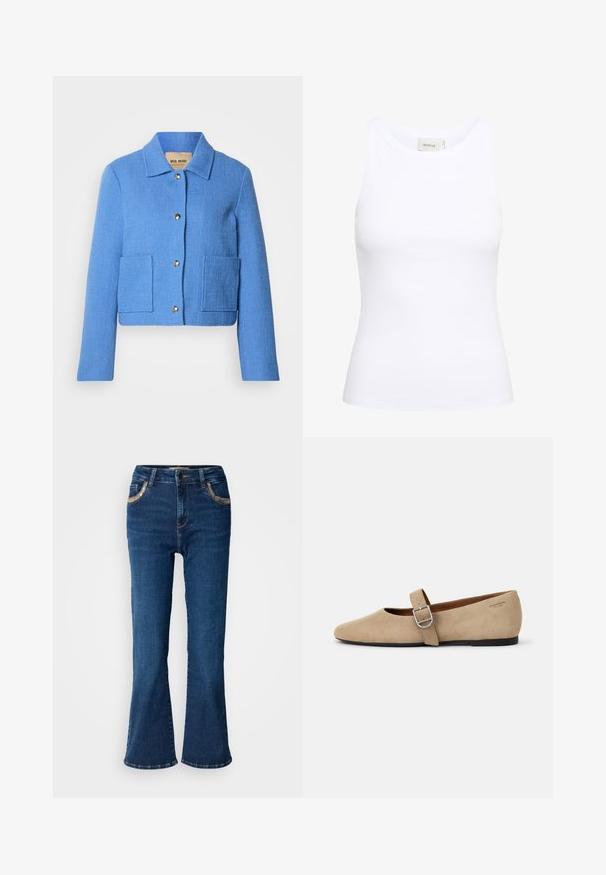 Blå tekstureret cropped jakke med klassisk krave, knaplukning foran og to påsyede lommer. Materialerne virker vævede med et diskret mønster.; Hvid ribbet tanktop med rund halsudskæring og uden ærmer. Strækbart stof og tætsiddende design. Etiketten bagpå viser "GESTUZ."; Mørkeblå brede jeans med en glat denimoverflade, kontrasterende gyldne syninger og forlommer. Klassisk fem-lomme design.; Beige ruskind Mary Jane flade sko med spids tå og et enkelt justerbart strop med en sølv spænde. Sort flad sål.