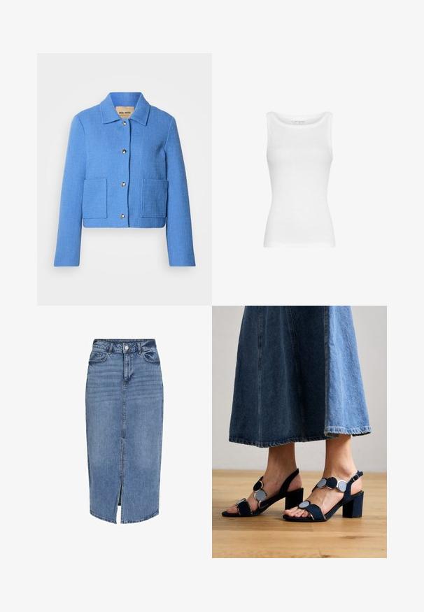 Blå tekstureret cropped jakke med klassisk krave, knaplukning foran og to påsyede lommer. Materialerne virker vævede med et diskret mønster.; Ærmeløs hvid tætsiddende tanktop med brede skulderstropper og rund halsudskæring, vist på hvid baggrund.; Lysblå denim midi-nederdel med en frontslids, fem lommer, bæltestropper og en knaplukning i livet. Klassisk pasform og tekstur.; Marco Tozzi Sandaler - navy