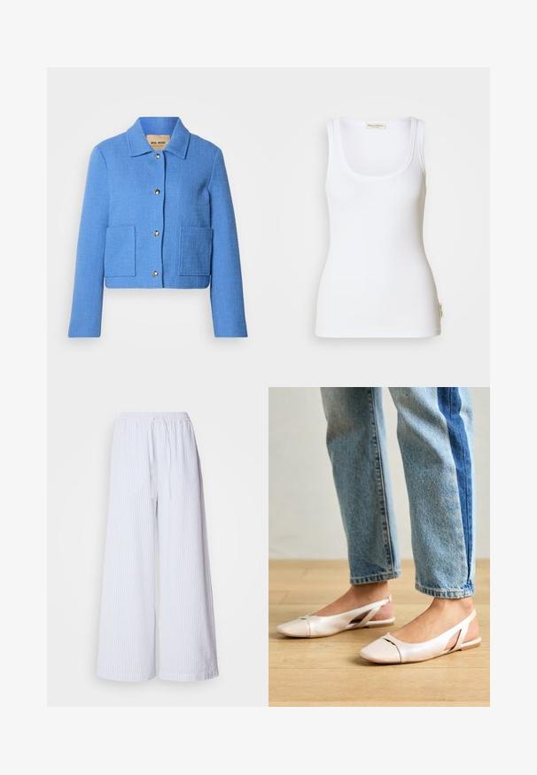 Chaqueta corta azul texturizada con cuello clásico, cierre frontal con botones y dos bolsillos de parche. Los materiales parecen tejidos con un patrón sutil.; Camiseta sin mangas blanca con canalé, escote redondo y tirantes anchos. Presenta una etiqueta con el logo en el dobladillo lateral. Hecha de tela suave y elástica.; Pantalones de pierna ancha blancos con rayas azul claro, con cintura elástica ajustable y una tela texturizada.; Bailarinas de color rosa pálido con tiras traseras y punta puntiaguda, fabricadas con un material similar al cuero suave. Presentan detalles recortados en los laterales y un tacón plano.