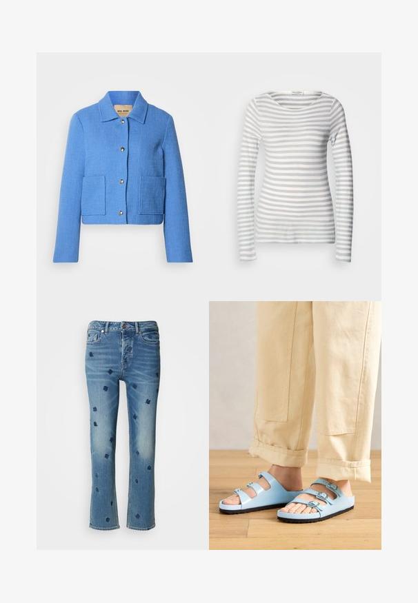 Blaue, strukturierte, kurz geschnittene Jacke mit klassischem Kragen, vorderer Knopfleiste und zwei aufgesetzten Taschen. Die Materialien wirken gewebt mit einem dezenten Muster.; Gestreiftes langärmliges Oberteil aus weichem Stoff, mit abwechselnden hellgrauen und weißen Streifen. Rundhalsausschnitt und taillierte Passform mit langen Ärmeln.; Hellblaue Jeans aus Denim mit geradem Bein, verziert mit navyblauer floralem Stickerei und einem Used-Look-Effekt nahe den Taschen und dem Saum.; Helle blaue Flip-Flops mit drei verstellbaren Riemen und silbernen Schnallen; strukturierte Sohle und glattes Obermaterial. Tragen mit hochgerollten beigen Hosen.