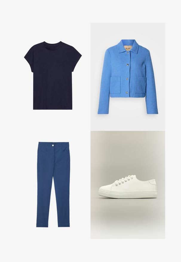 Chaqueta corta azul texturizada con cuello clásico, cierre frontal con botones y dos bolsillos de parche. Los materiales parecen tejidos con un patrón sutil.; Camiseta de algodón azul marino con escote redondo y mangas cortas, con un ajuste holgado y textura suave. Sin patrones ni acentos.; Pantalones ajustados azules de mezcla de algodón, con botón en la parte frontal, cremallera, dos bolsillos y una textura limpia y suave.; Zapatilla blanca baja con cordones blancos y suela de goma mostrada desde vista lateral sobre un fondo neutro.