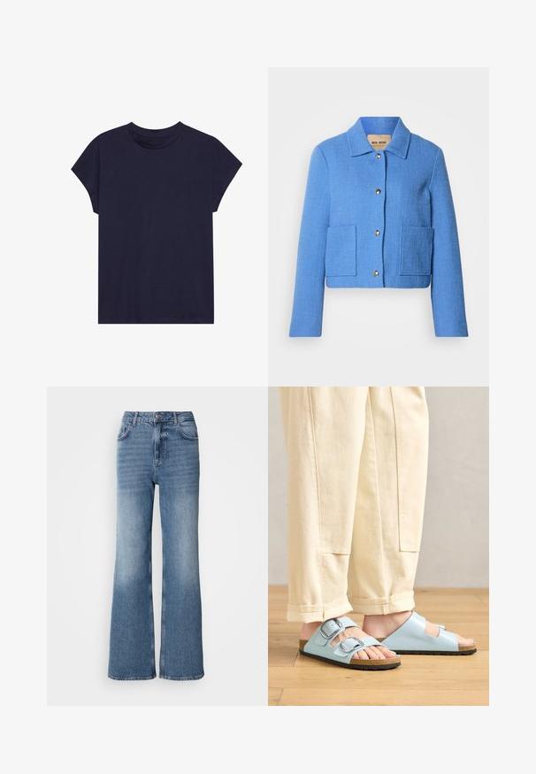 Blaue, strukturierte, kurz geschnittene Jacke mit klassischem Kragen, vorderer Knopfleiste und zwei aufgesetzten Taschen. Die Materialien wirken gewebt mit einem dezenten Muster.; Dunkelblaue Baumwoll-T-Shirt mit rundem Ausschnitt und kurzen Ärmeln, das einen lockeren Schnitt und eine glatte Textur bietet. Keine Muster oder Akzente.; Mos Mosh MAI - Jeans Straight Leg - blue wash; Himmelblaues Offene-Schuhe-Sandalen mit doppelten Schnallen, Korkfußbett und schwarzer Gummisohle, kombiniert mit cremefarbener, weit geschnittener Hose.