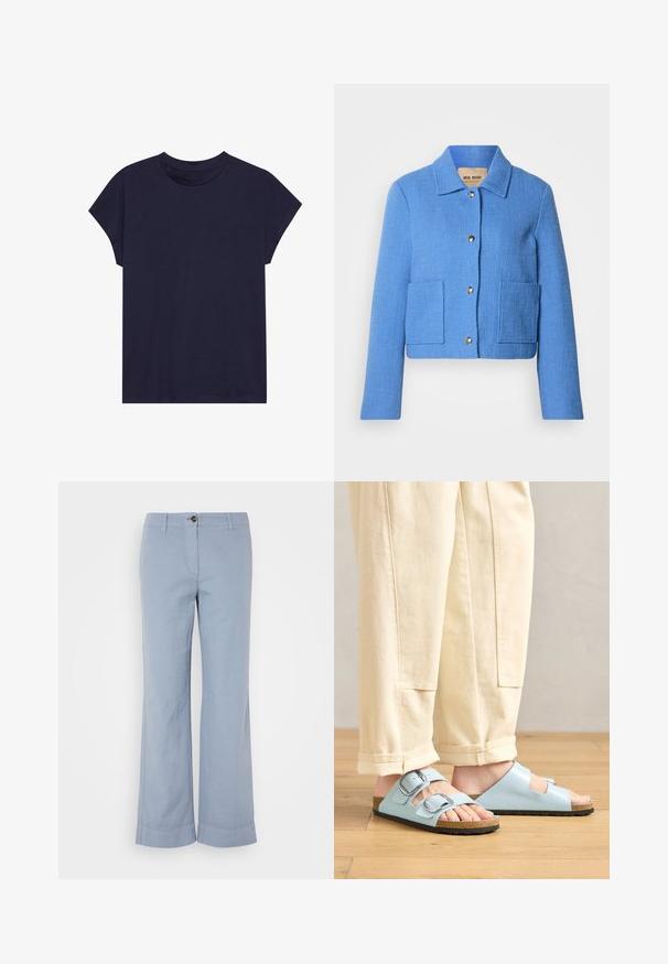Blaue, strukturierte, kurz geschnittene Jacke mit klassischem Kragen, vorderer Knopfleiste und zwei aufgesetzten Taschen. Die Materialien wirken gewebt mit einem dezenten Muster.; Dunkelblaue Baumwoll-T-Shirt mit rundem Ausschnitt und kurzen Ärmeln, das einen lockeren Schnitt und eine glatte Textur bietet. Keine Muster oder Akzente.; Hellblaue Leinenhose mit geradem Bein, Knopfverschluss und umgeschlagenem Saum. Glatte Textur, entworfen für legere Kleidung.; Himmelblaues Offene-Schuhe-Sandalen mit doppelten Schnallen, Korkfußbett und schwarzer Gummisohle, kombiniert mit cremefarbener, weit geschnittener Hose.