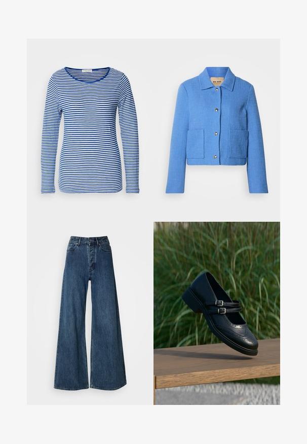 Blauwe gestructureerde cropped jas met een klassieke kraag, knoopsluiting aan de voorkant en twee opgestikte zakken. Materialen lijken geweven met een subtiel patroon.; Langsleeve shirt met een ronde hals, met afwisselend blauwe en witte horizontale strepen. Gemaakt van zachte, lichte stof.; Wijduitlopende denim jeans in donkerblauw, met een hoge taille, vijf zakken en contrasterende stiksels. Klassieke, duurzame stof.; Zwarte leren Mary Jane-schoen met dubbele gespsluitingen en brogue-details, zwevend boven een houten bankje met groene grasachtergrond.