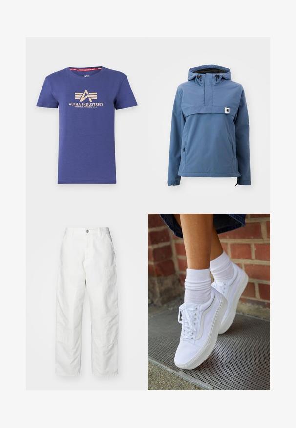 Chaqueta impermeable azul con diseño de media cremallera, capucha ajustable, puños elásticos y bolsillos laterales, fabricada con un tejido suave y duradero.; Camiseta de algodón azul marino de manga corta, con un estampado del logo en beige "ALPHA INDUSTRIES" y una etiqueta interior en rojo con texto.; Pantalones cargo blancos de mezclilla, con un corte relajado, bolsillos laterales y detalles de costura visibles. Parte delantera lisa con cierre de botón.; Zapatillas de lona blancas con suelas de goma, que presentan seis ojales, puntera redonda y detalles de costura ligera, combinadas con calcetines blancos hasta el tobillo.
