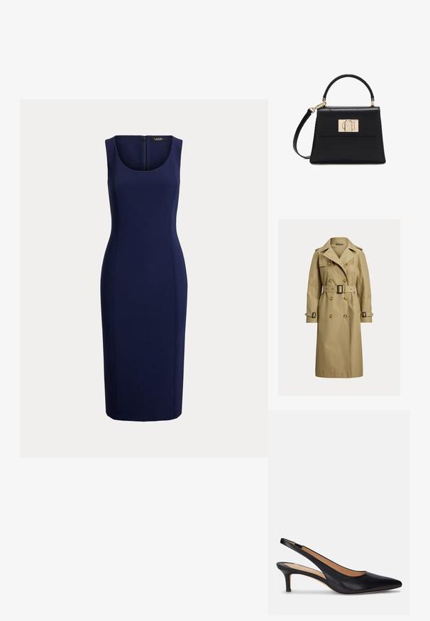 Klassikaline beežist trench coat, mis on valmistatud puuvillasegusest kangast, topeltklõpsude, vöökohtade ja õlavarre epaulettidega.; Varrukateta tumesinine põlvini kleit kaardus kaelusega ja tagumise lukuga, liibuv siluett, kuvatud valgel taustal.; Must musta slingback kingad terava ninaga, madala kassi kontsaga ja siledast tekstuurist. Omab avatud selga ja minimaalset õmblemise detaili.; Mustast nahast käekott, millel on ülemine käepide, eemaldatav õlarihm ja esiflapil kuldne ristkülikukujuline lukk.