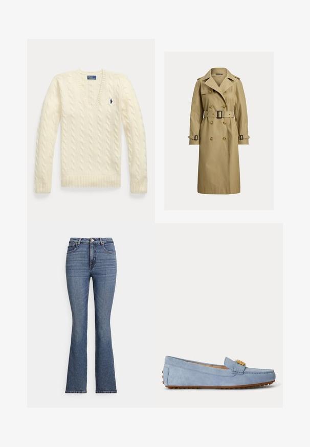 Klassischer beiger Trenchcoat aus einem Baumwollgemisch, mit doppelter Knopfleiste, tailliertem Gürtel und Schulterklappen.; Cremefarbener kabelgestrickter Pullover mit langen Ärmeln, V-Ausschnitt und kleinem dunkelblau besticktem Logo auf der linken Brust.; Schlagjeans aus blauem Denim mit hohem Bund, fünf Taschen, kontrastierenden Nähten und einer glatten Textur.; Hellblaue Veloursleder-Slipper mit klassischem Schlupf-Design, mit goldfarbener Metallschnalle und Gummisohle mit Noppen für besseren Halt.