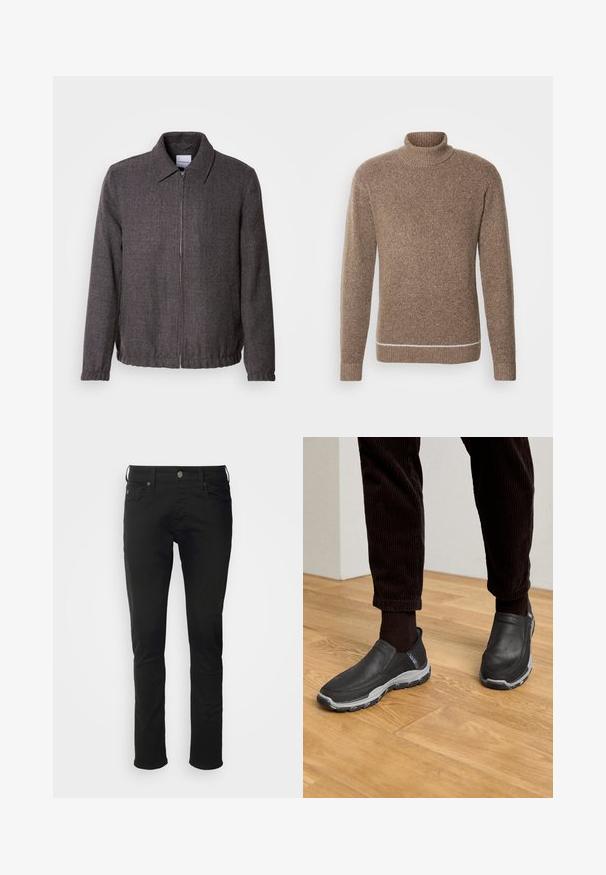 Lindbergh TEXTURED ZIP THROUGHT JACKET - Let jakke / Sommerjakker - charcoal; INDICODE JEANS Striktrøje - otter; Sorte bomuldsjeans med lige ben, der har en frontknaplukning, bæltestropper og standardlommer med en glat tekstur.; Sorte slip-on sko med strukturerede læderoverdele og en grå gummi sål, placeret på et trægulv og med fløjlsshorts.