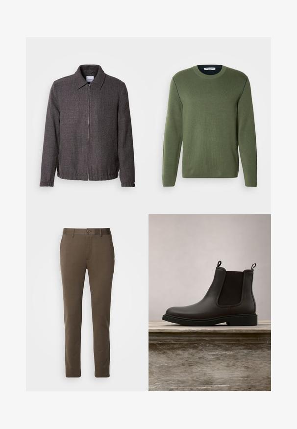 Lindbergh TEXTURED ZIP THROUGHT JACKET - Chaqueta fina - charcoal; Suéter verde de pulóver con mangas largas, cuello redondo, textura de tejido fino y costuras en contraste de color azul marino a lo largo de los hombros.; Pantalones marrones ajustados, hechos de una tela suave, con cierre de botón y trabillas para cinturón, de diseño limpio y corte recto.; Botín Chelsea de cuero negro con paneles laterales elásticos y tiradores, flotando sobre un banco de madera al aire libre con un fondo de hierba.