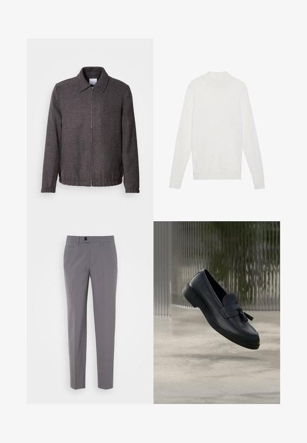 Lindbergh TEXTURED ZIP THROUGHT JACKET - Lichte jas - charcoal; Witte pullovertrui met een hoge halslijn, lange mouwen en geribbelde boorden en zoom. Gemaakt van een zachte gebreide stof. Eenvoudig en aansluitend ontwerp.; Grijze op maat gemaakte broeken met een gladde textuur, rechte pijpen, sluiting met één knop en voorzakken. Geen zichtbare patronen of accenten.; Zwarte leren loafers met een gladde textuur, een afgeronde neus en decoratieve kwastjes aan de voorkant. Flexibele rubberen zool met lage hak.