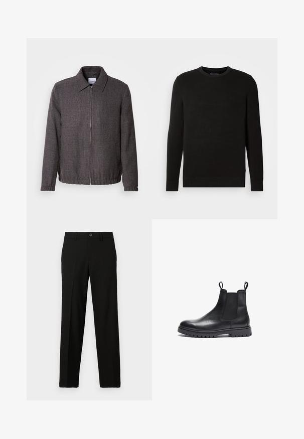 Lindbergh TEXTURED ZIP THROUGHT JACKET - Lichte jas - charcoal; Zwarte gebreide trui met ronde hals, lange mouwen, gestructureerde stof, geribde manchetten en zoom, met een klein logo op de borst.; Zwarte broek van gladde stof, met een rechte snit, een knoopsluiting aan de taille en geen zichtbare patronen of accenten.; Zwarte leren Chelsea boots met een gestructureerde afwerking, elastische zijkanten en trekkers. Voorzien van een chunky rubberen zool met profiel.