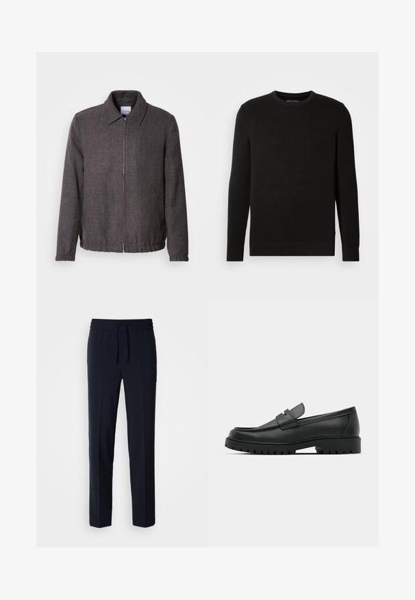 Lindbergh TEXTURED ZIP THROUGHT JACKET - Suvejakk - charcoal; Mustmustri valge peene kudumisega sviiter, millel on pikad varrukad, tekstuuriga kangas, soonikuga varrukas ja alläär, ning väikese logoga rinnal.; Tumed sinine, kergesti kaaluva pükse elastse vöökoha ja reguleeritava nööriga, millel on sirge lõikega disain ja sile tekstuur.; Mustad musta nahast loafers, millel on ümar varvas, tikandiga disain, madal platvorm-soon ja tekstureeritud, soonikkummist välistald.