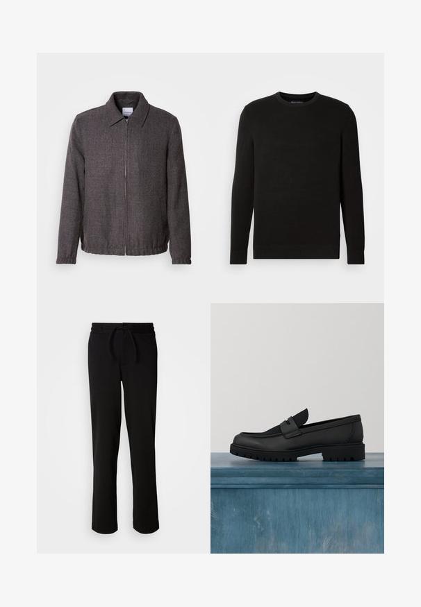 Lindbergh TEXTURED ZIP THROUGHT JACKET - Chaqueta fina - charcoal; Suéter negro de punto con cuello redondo y mangas largas, tejido texturizado, puños y dobladillo acanalados, que presenta un pequeño logo en el pecho.; Pantalones de chándal negros con cinturilla ajustable, hechos de tela suave y elástica. Presentan un corte relajado con piernas rectas y sin bolsillos visibles.; Zapato negro de cuero tipo slip-on con un detalle de tela texturizada, suela de goma resistente y acabado suave. Presenta un detalle sutil de costuras.