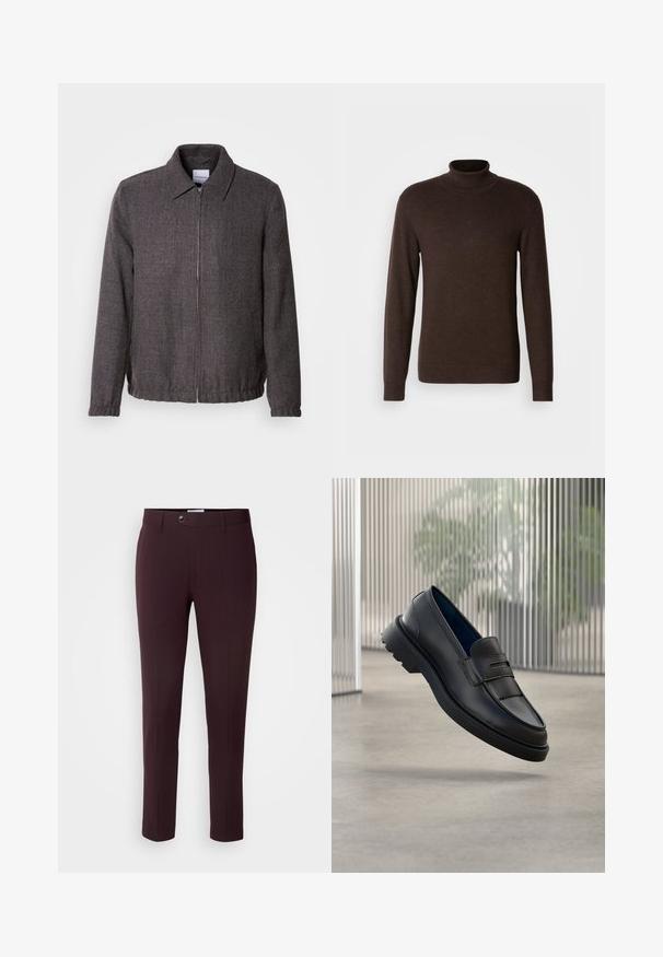 Lindbergh TEXTURED ZIP THROUGHT JACKET - Let jakke / Sommerjakker - charcoal; Brun turtleneck sweater lavet af blødt materiale, med lange ærmer og ribbet krave. Glat tekstur med en tætsiddende design.; Mørkeburgunder bukser med slim fit, der har knaplukning, bæltestropper og frontfolder. Glat stof med et glat design.; Sorte læder loafers med en glat finish, der har en dekorativ rem og et tekstureret panel foran samt en tekstureret gummisål.