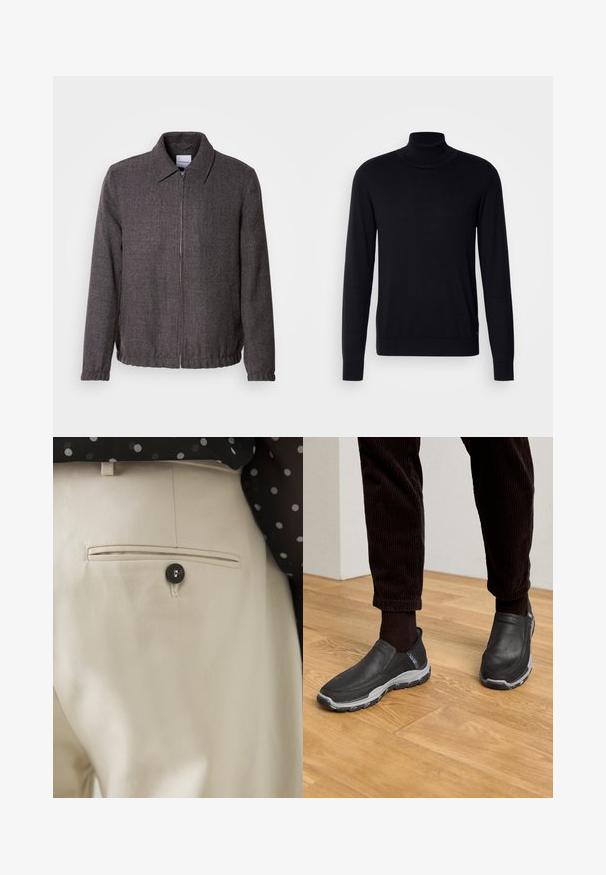 Lindbergh TEXTURED ZIP THROUGHT JACKET - Veste légère - charcoal; Pull à col montant noir en tissu doux. Doté de manches longues, d'un col et de poignets côtelés, avec une texture lisse et sans motifs.; Pantalon beige en tissu texturé avec une poche arrière fermée par un bouton noir. Finitions de couture discrètes le long de la poche.; Chaussures noires à enfiler avec des dessus en cuir texturé et une semelle en caoutchouc gris, posées sur un sol en bois et accompagnées de pantalons en velours côtelé.