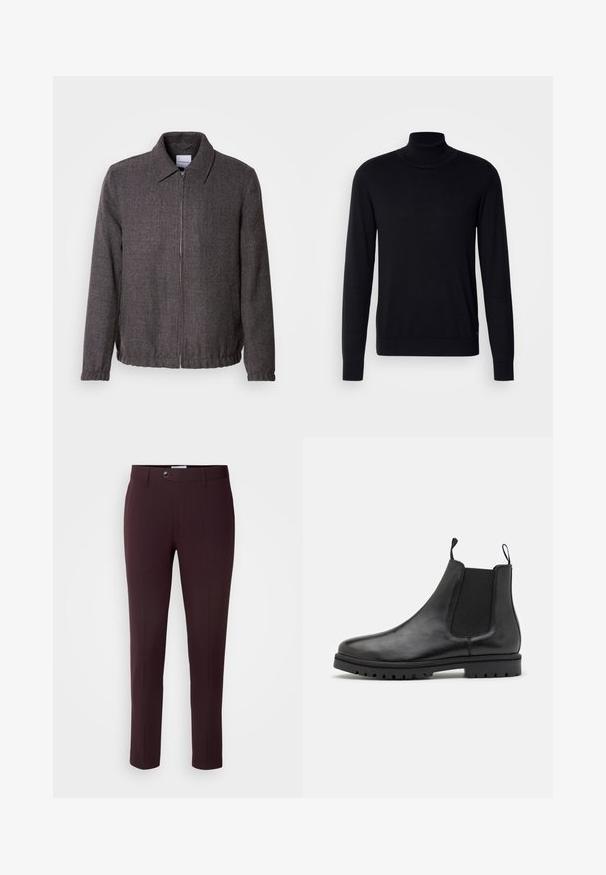 Lindbergh TEXTURED ZIP THROUGHT JACKET - Veste légère - charcoal; Pull à col montant noir en tissu doux. Doté de manches longues, d'un col et de poignets côtelés, avec une texture lisse et sans motifs.; Pantalons bourgogne foncé à coupe slim, avec une fermeture à bouton, des passants de ceinture et des plis à l'avant. Tissu lisse avec un design élégant.; Bottines Chelsea en cuir noir avec des panneaux latéraux élastiques, des languettes de tirage et une semelle en caoutchouc texturé avec un motif de semelle.