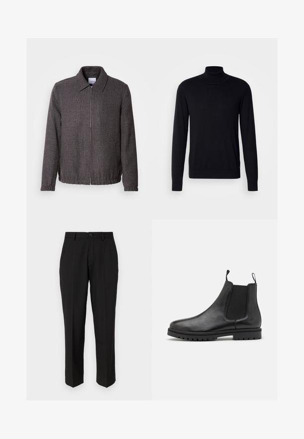 Lindbergh TEXTURED ZIP THROUGHT JACKET - Lichte jas - charcoal; Zwarte coltrui van zacht materiaal. Heeft lange mouwen, ribgebreide kraag en manchetten, met een gladde textuur en zonder patronen.; Zwarte broeken van soepele stof, met een rechte pijpconstructie, vo pockets, een enkele knoopsluiting en geen zichtbare patronen.; Zwarte leren Chelsea laarzen met elastische zijpanelen, trekbanden en een gemêleerde rubberen zool met een profielpatroon.