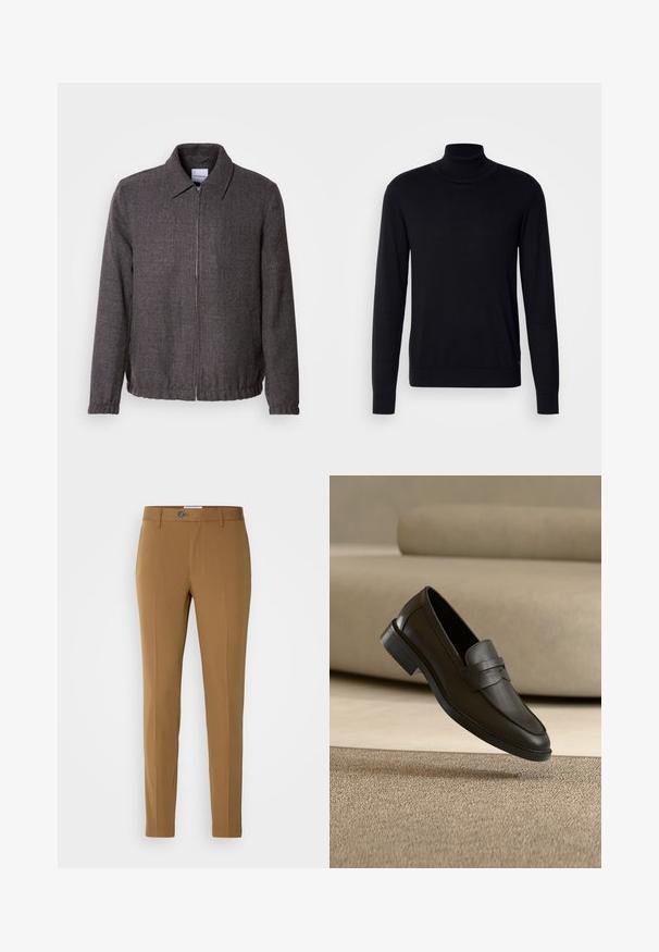 Lindbergh TEXTURED ZIP THROUGHT JACKET - Letná bunda - charcoal; Čierny rolák vyrobený z mäkkej látky. Má dlhé rukávy, rebrovaný golier a manžety, hladký povrch a žiadne vzory.; Hnedé elegantné nohavice so rovnými nohavicami, ktoré majú predný zips, gombíkovú priehľadnosť a dve bočné vrecká na praktickosť.; Čierny kožený mokasín odpočívajúci na béžovom koberci s zakrivenou béžovou sedačkou v pozadí.