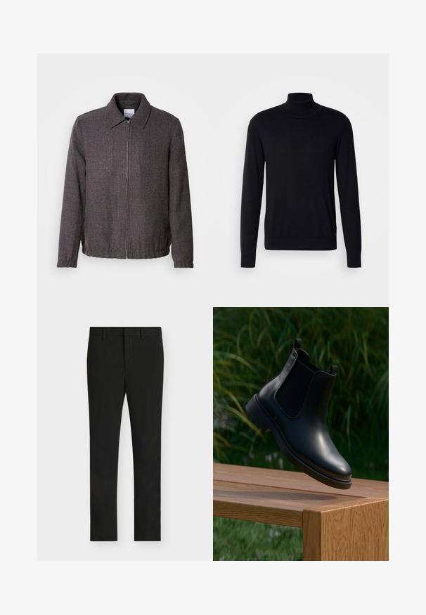 Lindbergh TEXTURED ZIP THROUGHT JACKET - Veste légère - charcoal; Pull à col montant noir en tissu doux. Doté de manches longues, d'un col et de poignets côtelés, avec une texture lisse et sans motifs.; Pantalon noir slim fit avec passants de ceinture, fermeture éclair frontale et devant plat, présenté sur un fond gris clair.; Bottine en cuir noir avec des panneaux latéraux en élasthanne flottant au-dessus d'un banc en bois, arrière-plan de feuillage vert.
