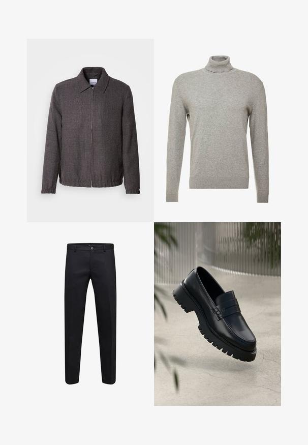 Lindbergh TEXTURED ZIP THROUGHT JACKET - Suvejakk - charcoal; Hall hall eesmise kraega ja pikkade varrukatega hall kootud sviiter. Valmistatud siledast ja pehmest materjalist, millel on vormitud disain ja soonikdetailid ääres.; Mustad formaalsed püksid nööbi ja tõmblukuga, sirge lõikusega ja vööaasadega, valgel taustal.; Mustad nahkseid loafereid paksu tallaga, kaunistatud rihma ja õmbluse detailidega. Siledat tekstuuri kaunistab läikiv viimistlus.