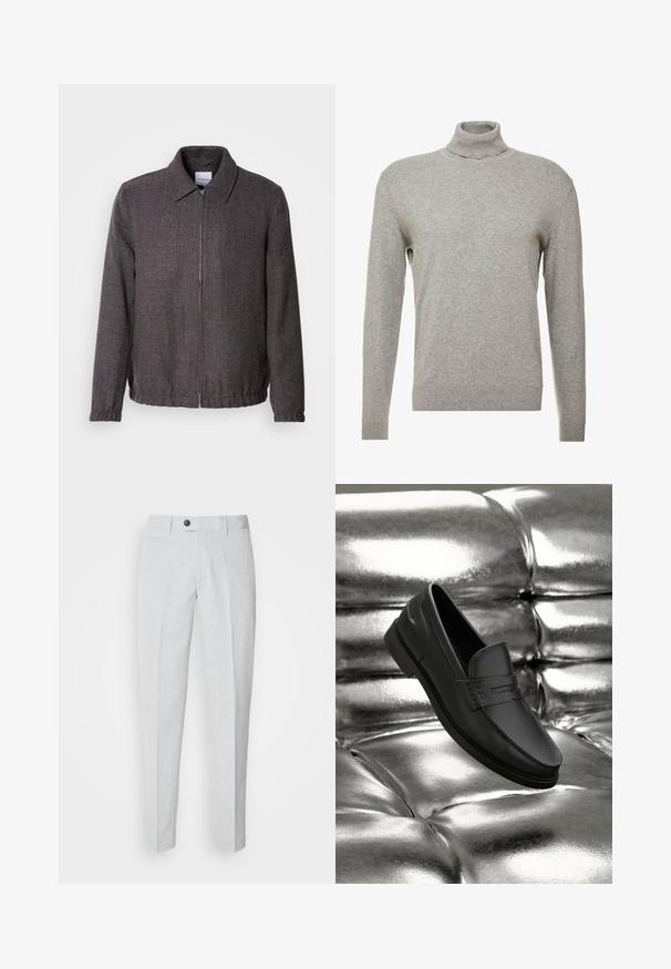 Lindbergh TEXTURED ZIP THROUGHT JACKET - Letná bunda - charcoal; Sivý pulóver s vysokým golierom a dlhými rukávmi. Vyrobený z hladkého, mäkkého materiálu s priliehavým strihom a rebrovanými akcentmi na leme.; Svetlo šedé nohavice z textúrovanej tkaniny, so zapínaním na gombík, plochým predným dielom a zúženými nohavicami pre štíhly strih.; Čierne kožené mokasíny s hladkou textúrou, zdobené švami a klasickým dizajnom, zobrazené na kovovom, lesklom pozadí.