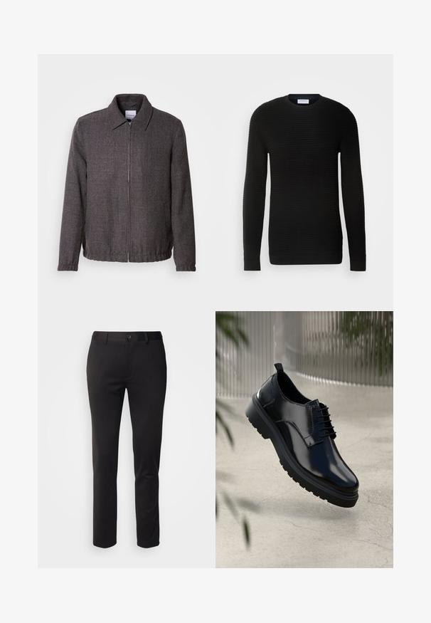 Lindbergh TEXTURED ZIP THROUGHT JACKET - Chaqueta fina - charcoal; Suéter negro de manga larga con textura acanalada, escote redondo y puños ajustados. Hecho de un material suave y elástico.; Pantalones negros de tela suave, con un diseño de pierna recta, cierre de botón en la parte delantera y cinturas, exhibidos sobre un fondo blanco.; Zapato de cuero negro con un acabado brillante, puntera redonda, diseño de cordones, costuras de contraste y una suela de goma gruesa con patrones de tracción.