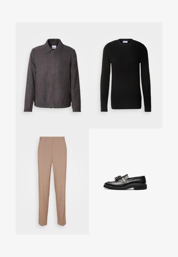 Lindbergh TEXTURED ZIP THROUGHT JACKET - Leichte Jacke - charcoal; Schwarzer Pullover mit langen Ärmeln, gerippter Textur, rundem Ausschnitt und eng anliegenden Bündchen. Hergestellt aus einem weichen, dehnbaren Material.; Beige, maßgeschneiderte Hose aus glattem, strukturiertem Stoff. Gerade Passform mit Bund, ohne sichtbare Verzierungen oder Taschen.; Schwarze Leder-slipper mit glatter Oberfläche, abgerundetem Zeh und einer dekorativen Quaste am Riemen. Flache Sohle und dezente Nähte.