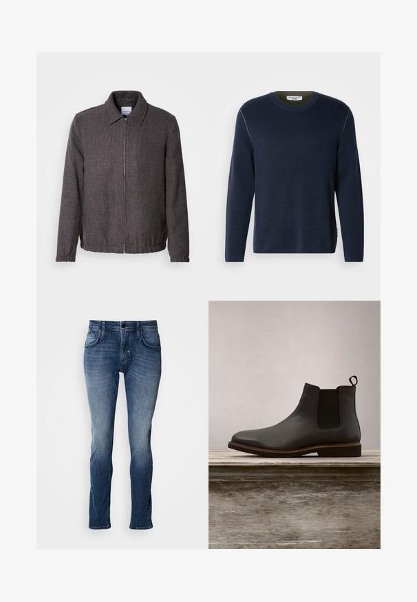 Lindbergh TEXTURED ZIP THROUGHT JACKET - Leichte Jacke - charcoal; Marineblauer Pullover mit langen Ärmeln, geripptem Rundhalsausschnitt und kontrastierendem grünen Innenkragen. Verfügt über dezente Nahtdetails an den Schultern.; Blaue Jeans aus Denim mit einem ausgewaschenen Finish, Fünf-Taschen-Design, geradem Bein und Steppnähte. Einfache Knopf- und Reißverschlussöffnung.; Schwarze Leder Chelsea-Stiefel mit elastischen Seiteneinsätzen und runder Zehenform, ausgestattet mit einer strukturierten Sohle und subtilen Steppnähten, erhöht über einer Holzoberfläche.