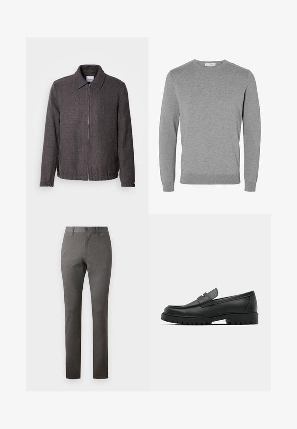 Lindbergh TEXTURED ZIP THROUGHT JACKET - Veste légère - charcoal; Pull gris clair à manches longues avec col rond, poignets et ourlet côtelés, en tissu tricoté doux.; Pantalons gris avec un tissu texturé, coupe droite, poches avant et une fermeture à bouton unique à la taille.; Mocassins en cuir noir à bout arrondi, avec un design cousu, une semelle plateforme basse et une semelle en caoutchouc texturée et crantée.