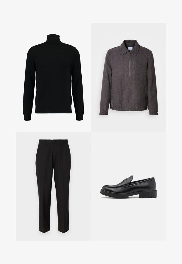 Lindbergh TEXTURED ZIP THROUGHT JACKET - Veste légère - charcoal; Un pull à col roulé noir en matière tricotée douce. Il possède des manches longues, un col et un ourlet côtelés. Son design est simple et épuré, sans motifs.; Pantalon noir en tissu lisse, présentant une coupe droite, des poches avant, un bouton simple de fermeture et sans motifs visibles.; Mocassins en cuir noir avec un bout arrondi, un design à enfiler et une semelle en caoutchouc épaisse avec une texture antidérapante. Talon surélevé et détails de surpiqûre subtils.