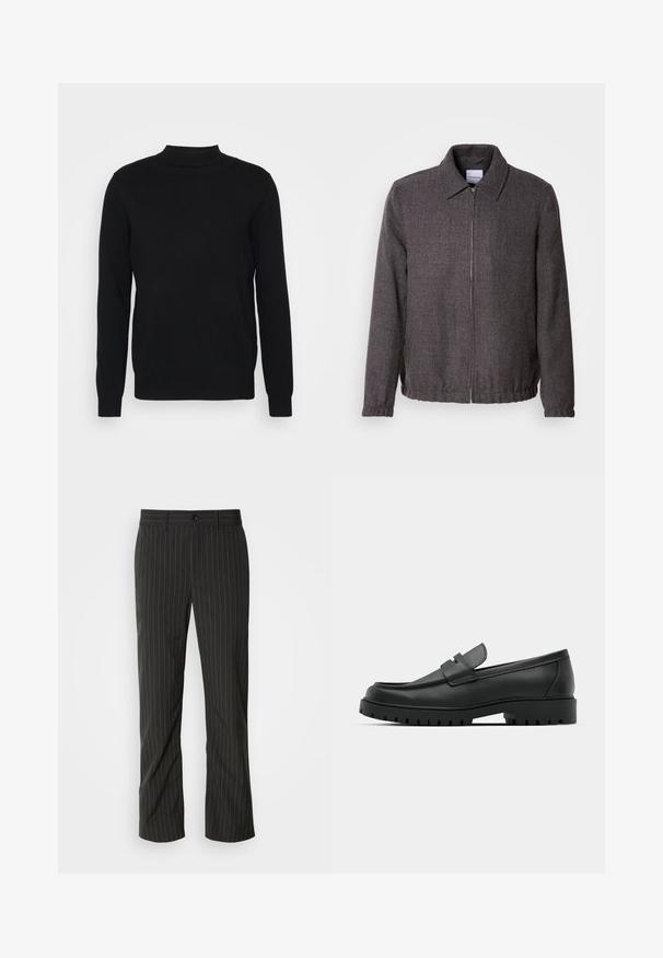 Lindbergh TEXTURED ZIP THROUGHT JACKET - Letná bunda - charcoal; Čierny pulóver zo soft tkaniny s vysokým golierom a dlhými rukávmi. Jednoduchý dizajn, bez vzorov alebo ozdôb.; Čierne pruhované nohavice so rovným strihom. Majú hladkú textúru, zapínanie na predný gombík a pútka na opasok.; Čierne kožené mokasíny s okrúhlou špičkou, s prešitým dizajnom, nízkou platformou a textúrovanou, zúbkovanou gumovou podrážkou.